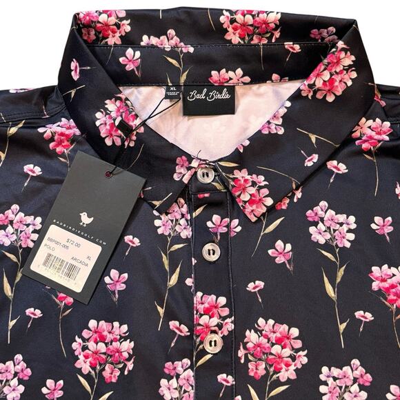 Bad Birdie Men's XL Black Polo Arcadia Pink Floral Short Sleeve Stretch Golf - Picture 3 of 6